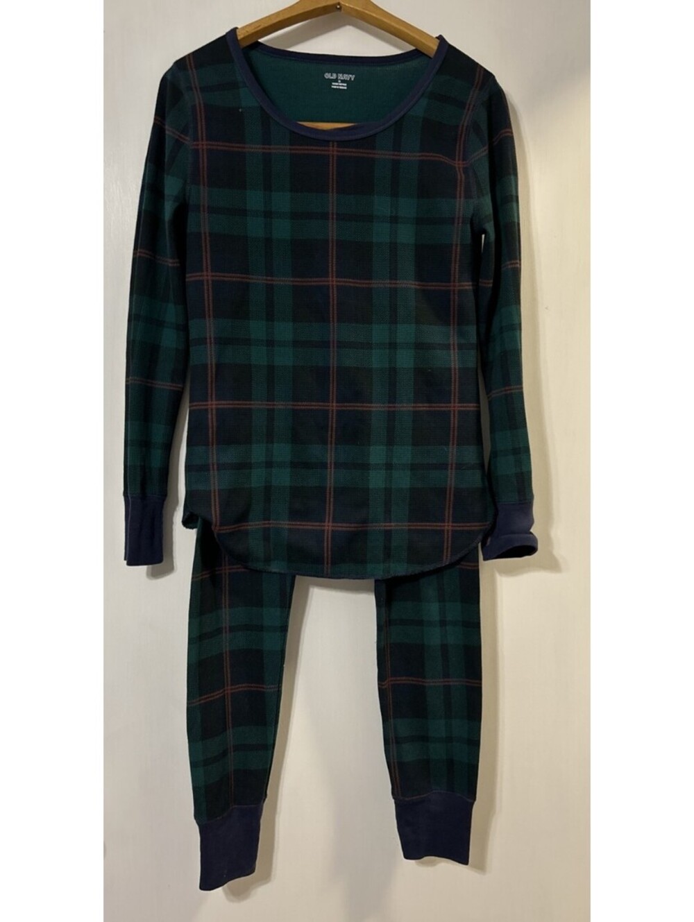 Old Navy PJ Set Girls M Green Blue Tartan Plaid Waffle Knit Pajama Two Piece
